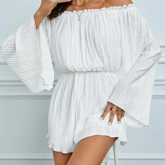 White Shaby Chic Womens Off Shoulder Flounce Sleeve Plisse Romper - Picture 4 of 5